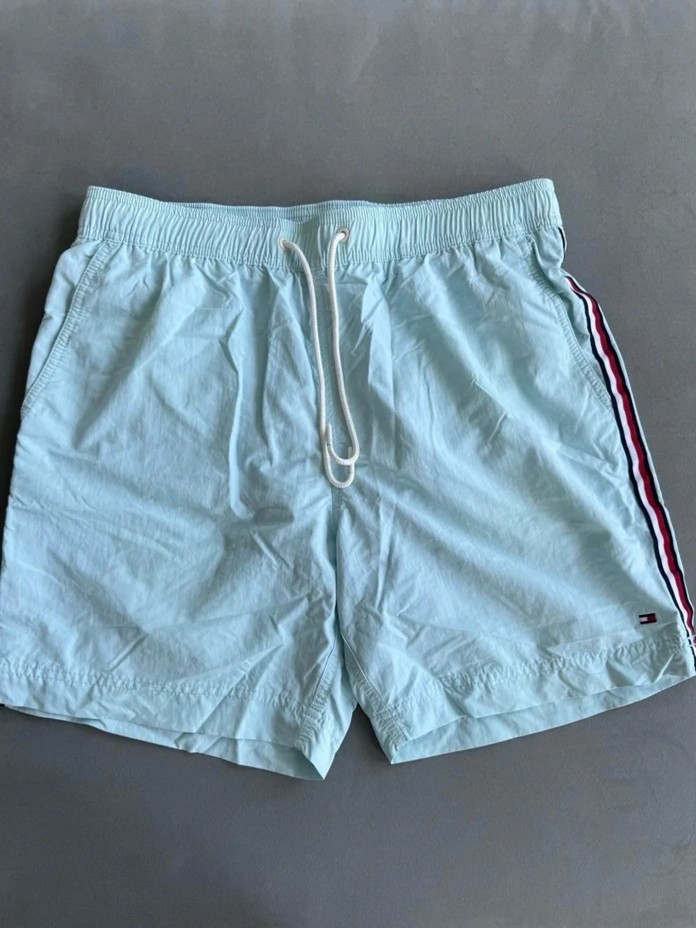 Tommy Hilfiger Light Blue Swim Trunks with Red White Navy Side Stripe